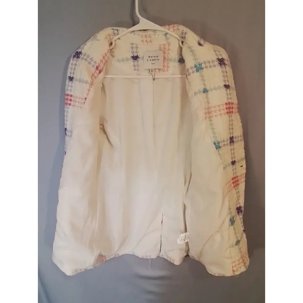 Maison d'Amelie white tweed jacket, plaid